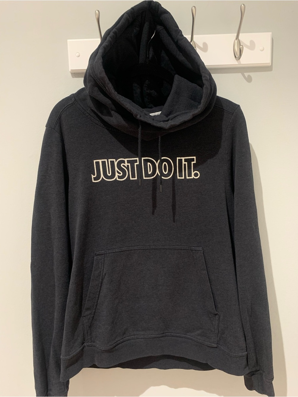 Vintage NIKE Womens Sweatshirt Medium Funnel Neck Hoodie Dark Grey JUST DO IT.
